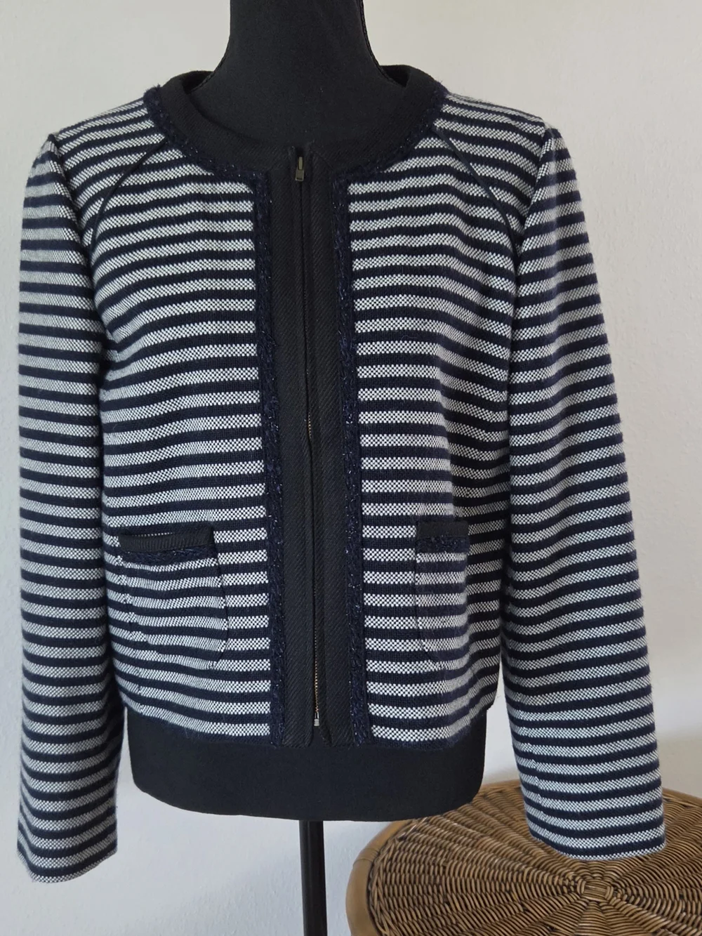 J. Crew Navy and Light Gray Striped Cropped Jacket